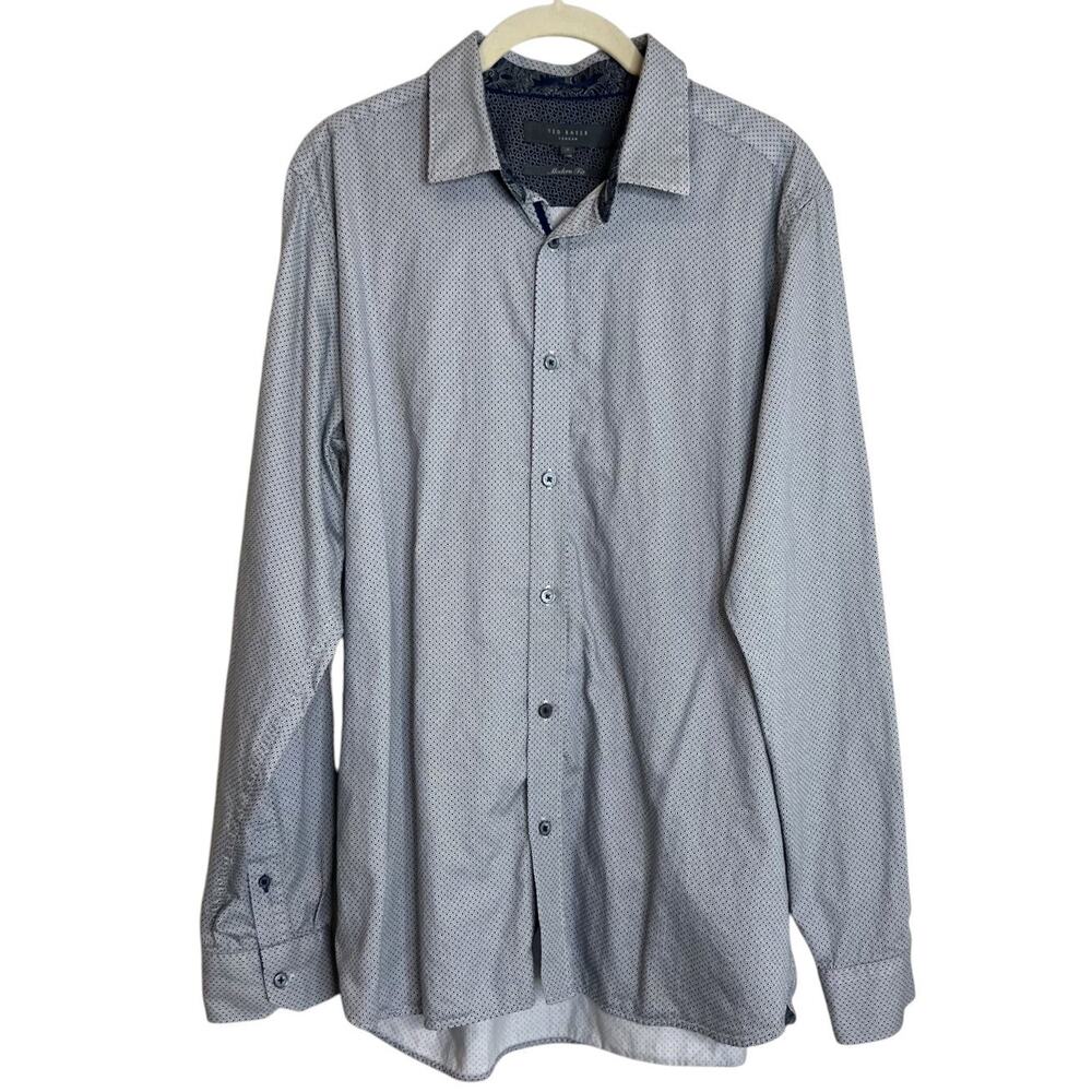 Ted Baker London Mens Shirt Size 16 White Navy Geometric Modern Fit